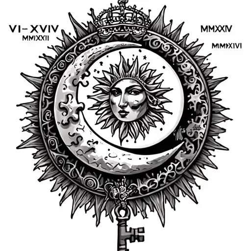 "VIII•XVI•MMXXIV" "VIII•XVI•MMXXIV" king and queen, sun and moon, lock and key, puzzle pieces tattoo design idea