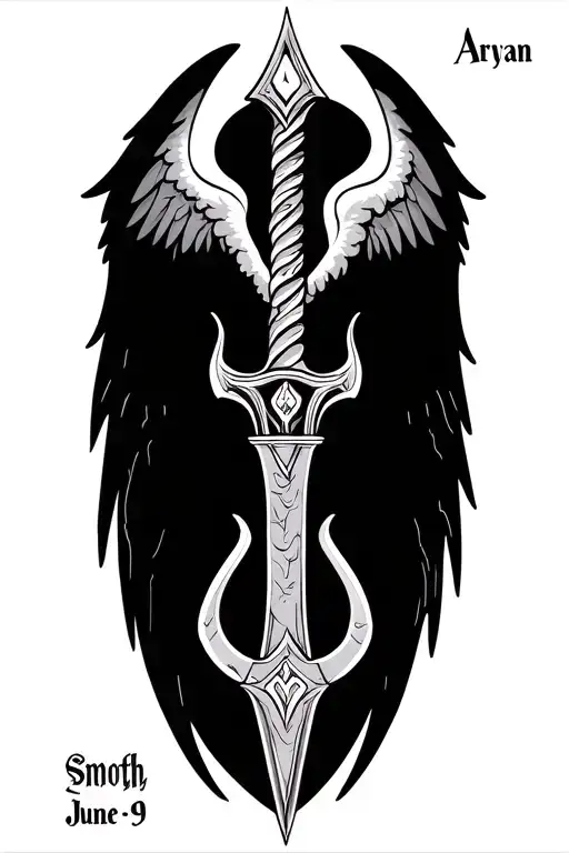 Huge Trident + Elephant (less prominent) + Angel Wings + Name: Aryan, + Date: June 1-9 tattoo design idea