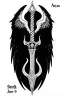 Huge Trident + Elephant (less prominent) + Angel Wings + Name: Aryan, + Date: June 1-9 tattoo design idea