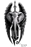 Huge Trident + Elephant (less prominent) + Angel Wings + Name: Aryan, + Date: June 1-9 tattoo design idea