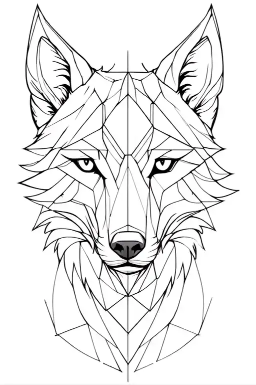 metatron sacred geometry as background black. realistic wolf head in the left side and geometric wolf face in the right. tattoo design idea