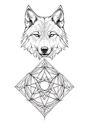 metatron sacred geometry as background black. realistic wolf head in the left side and geometric wolf face in the right. tattoo design idea