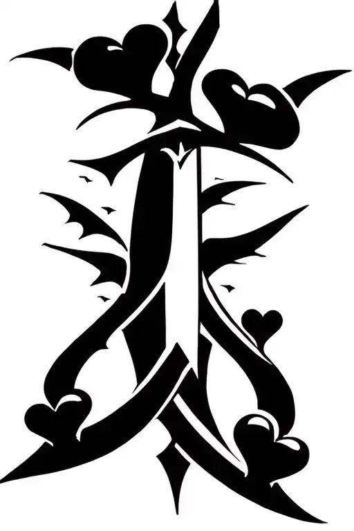 double bladed scimitar with three hearts in the blade tattoo design idea