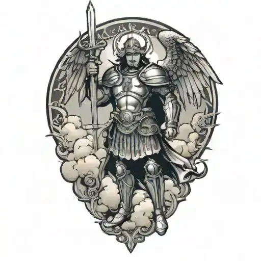 saint Michael on top of clouds with armor holding sword tattoo design idea