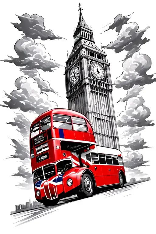 Big Ben tower, red double decker bus, clouds, Union Jack tattoo design idea