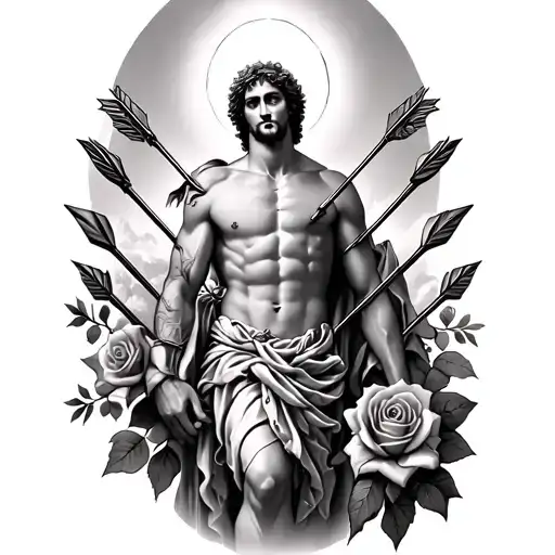 Patron saint Sebastian with arrows and roses with an angle above him shinning light tattoo design idea