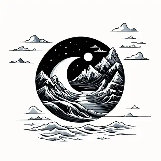 Ocean mountain river sun moon tattoo design idea