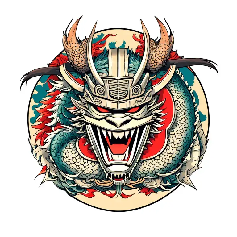 Full-back Japanese tattoo design featuring a fierce Shogun mask fused with modern samurai armor, surrounded by dragon tattoo design idea