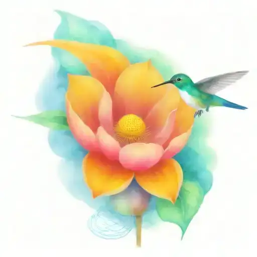 one protective hummingbird above a lotus flower with nest and 3 small eggs inside  tattoo design idea