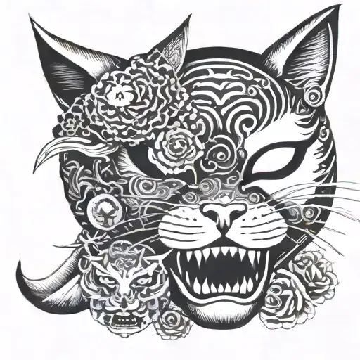 Japan, Japanese weapons, Japanese cat mask holding tattoo design idea