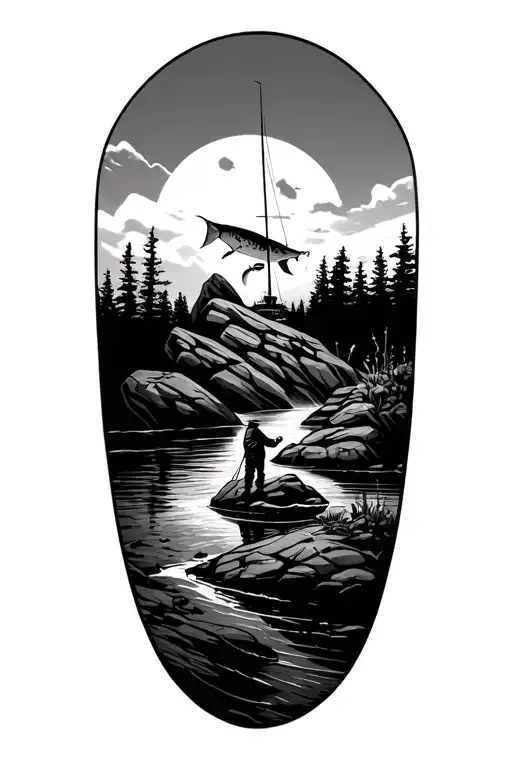 fishing rock road leading tattoo design idea
