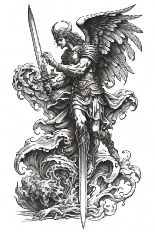 Archangel Micheal hovering over the depths of hell sword in hand about to kill the devil tattoo design idea