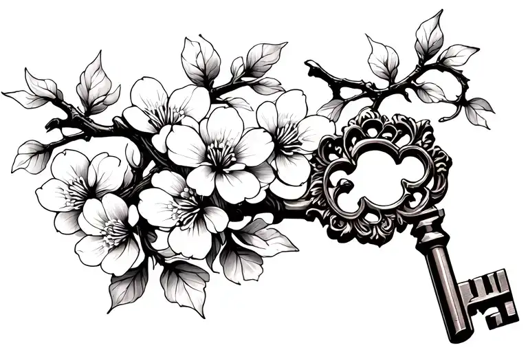 generate a tattoo on the inner bicep of an antique key intertwined with a cherry blossom branch  tattoo design idea