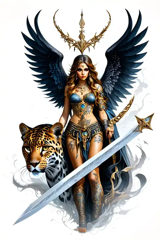 Freya goddess with wings and sword and black leopard tattoo design idea