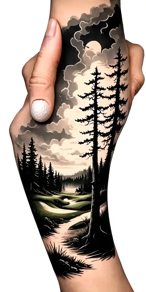 creepy forest scene with stormy sky golf course golf ball tattoo design idea