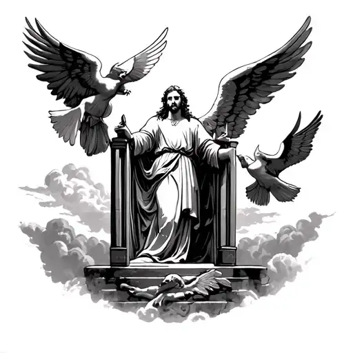 heaven gaten with saint michael archangel under slaying satan, doves flying ontop of the gates, tattoo design idea