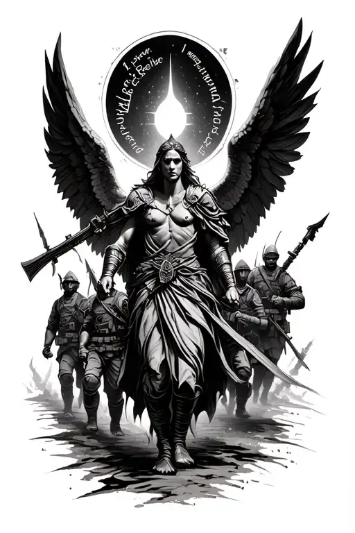 Warrior angel leading soldiers. quote: "I will be great, I will rise again." tattoo design idea