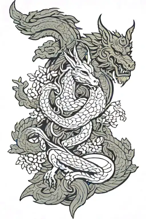 thor on the right chinese dragon in the middle and anubis on right with sakura trees on the bottom  tattoo design idea