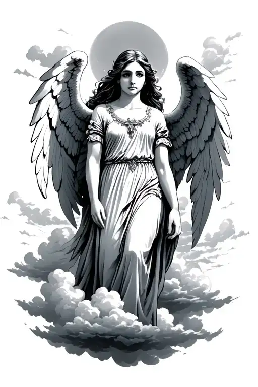 angelic female standing ontop of a cloud filled sky tattoo design idea