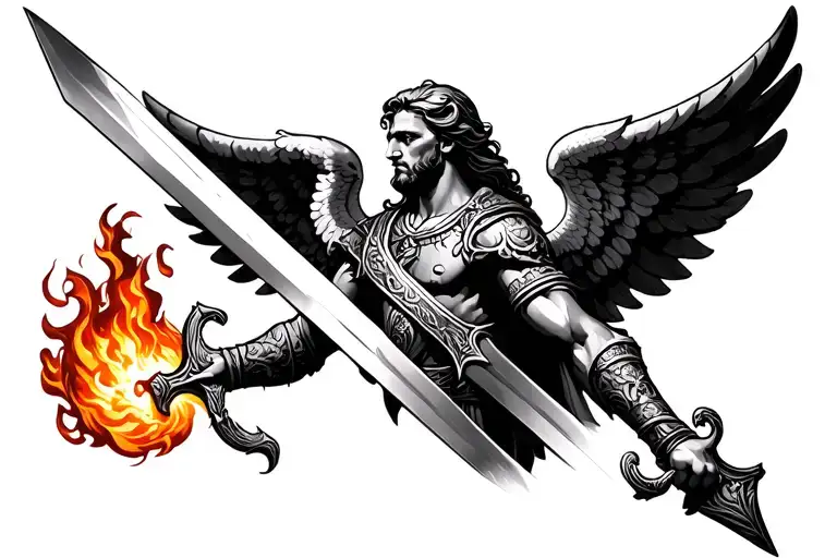 trojan guardian angel holding a flaming sword tattoo design idea