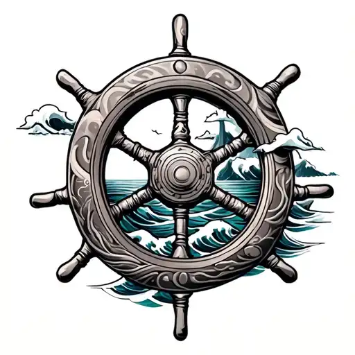 ship wheel and sea waves and some japanese full hand tattoo which is matching it tattoo design idea