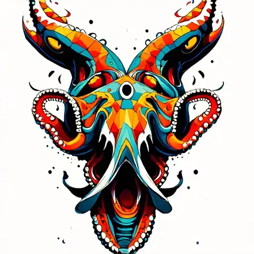 sharks and octopus colorful  tattoo design idea