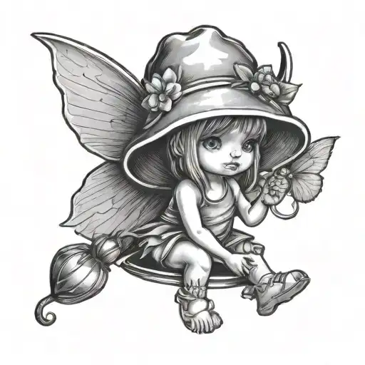 baby fairy with strawberry bucket hat standing tattoo design idea
