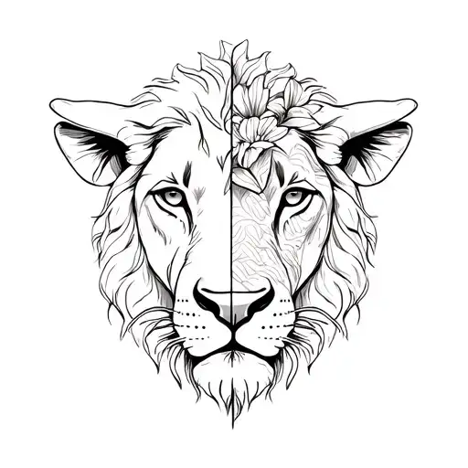 Half lion face half bull face minimalist line only  with gladiolus flowers around lion side and sweet pea flowers around tattoo design idea