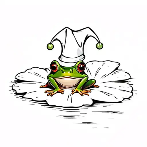 little cool green frog on a lily pad with a fancy jester hat on tattoo design idea