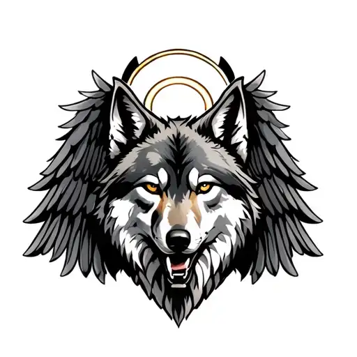 wolf true protector with halo and wings tattoo design idea