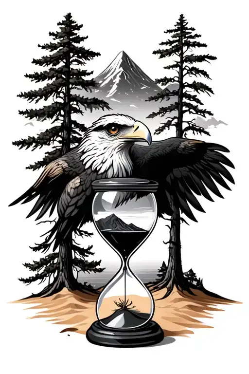 eagle eyes behind trees with hour glass with sand and mountain on background and a peace in black, grey  tattoo design idea