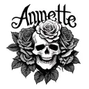 skulls and roses with the name annettte in cool lettering tattoo design idea
