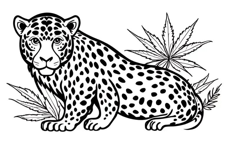 salvador Dali style monkey, with jaguar in picaso style for arm sleeve in background marihuana leafs as empty space tattoo design idea