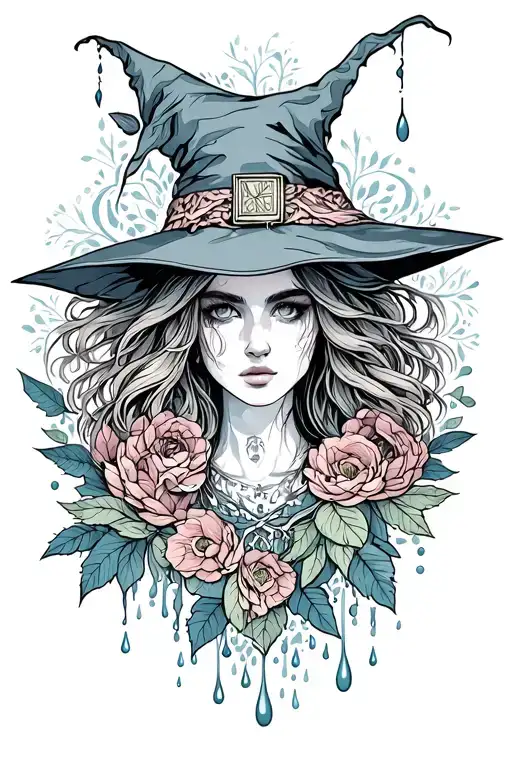 witch, virgo, nature, leaves, rain tattoo design idea