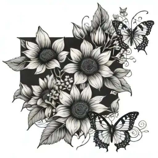 minimalist sunflowers and foxglove flowers on vines with butterflies for arm sleeve tattoo design idea
