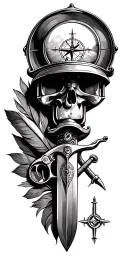 lighthouse, flintlock pistol, hourglass, quill pen, cutlass sword and compass tattoo design idea