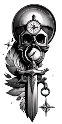 lighthouse, flintlock pistol, hourglass, quill pen, cutlass sword and compass tattoo design idea