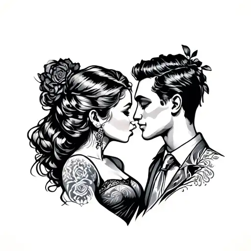 Create a traditional old-school tattoo flash style illustration of a man and woman kissing, bold outlines, muted colors, tattoo design idea