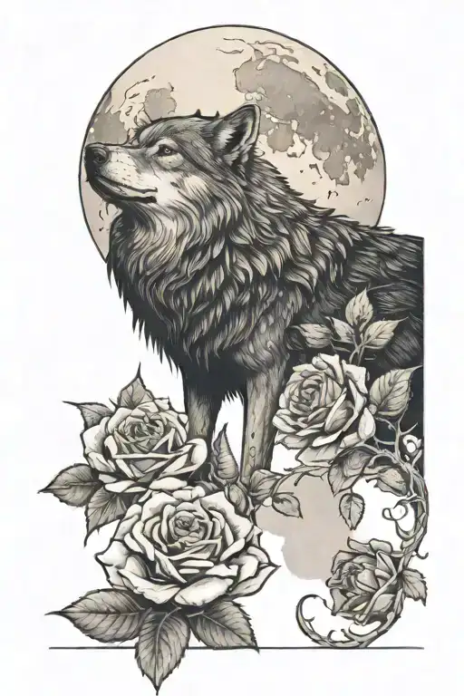 wolf, raven, moon, roses, vegetation tattoo design idea