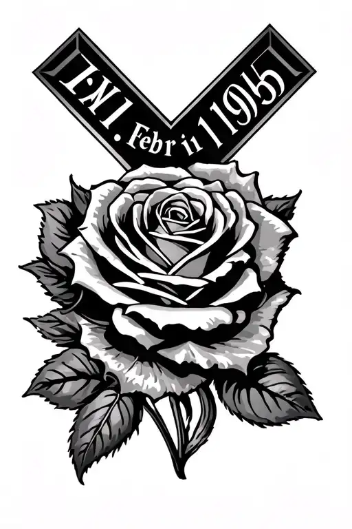 cross tattoo with the date Feb. 1, 1956 in roman numerals along with a rose tattoo design idea