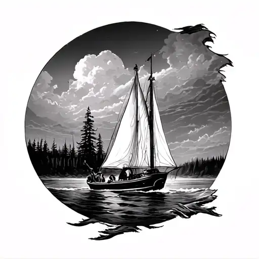 Forrest and boat sailing tattoo design idea