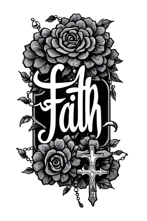 faith In cursive lettering with a rosary in the backround  tattoo design idea