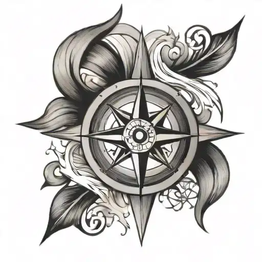 A black and grey tattoo of a compass rose with waves around it, symbolizing the client's love for water sports and family adventures tattoo design idea