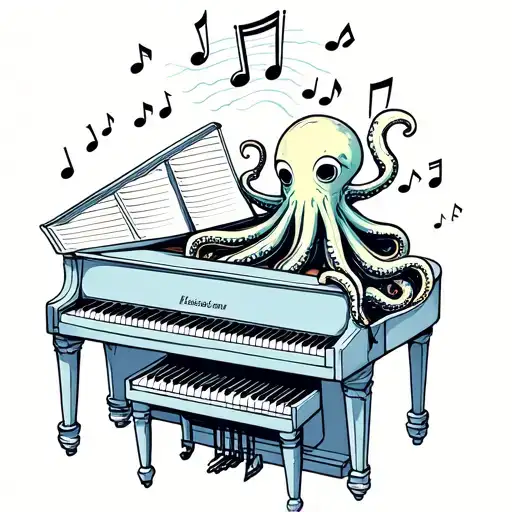 piano/keyboard with floating music note and partition in the skies and winds, and humanoid octopus playing on piano/keyb tattoo design idea
