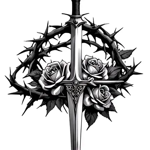 crown of thorns with a roses and a sword of nails  tattoo design idea