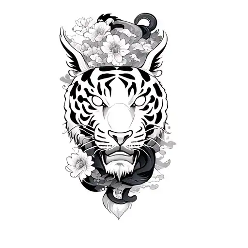 detailed Japanese style full leg sleeve. Oni Mask with white eyes, Tiger on the calf, clouds, flowers, a snake tattoo design idea