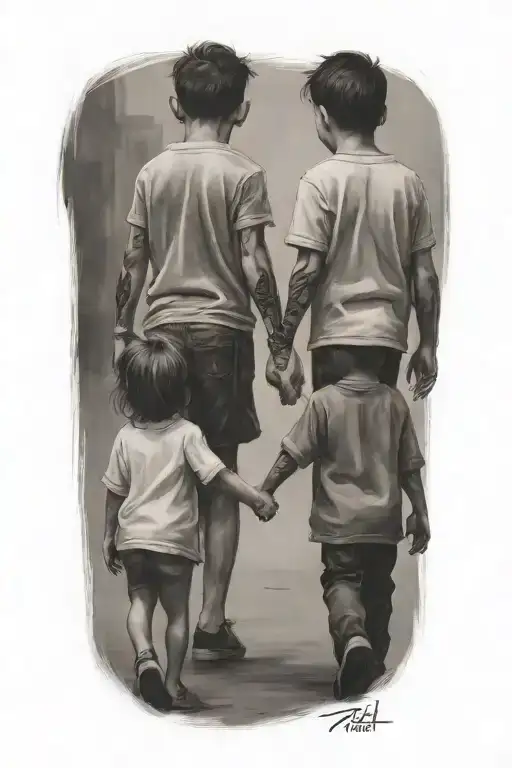 2 small brothers one with hair and one with big ears hokding hands with a dark haired girl walking away tattoo design idea