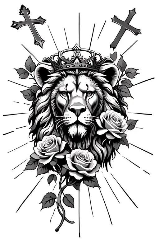 Three crosses, three roses, lion head with crown, light rays coming, vines tattoo design idea