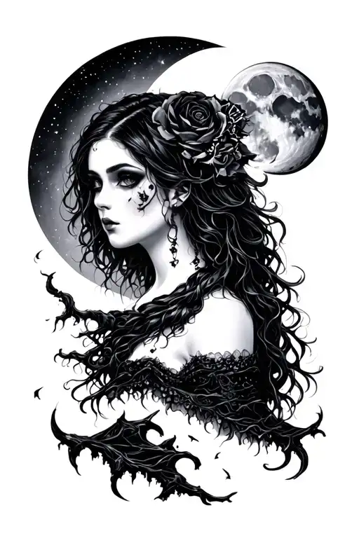 moon with female goth girl face tattoo design idea