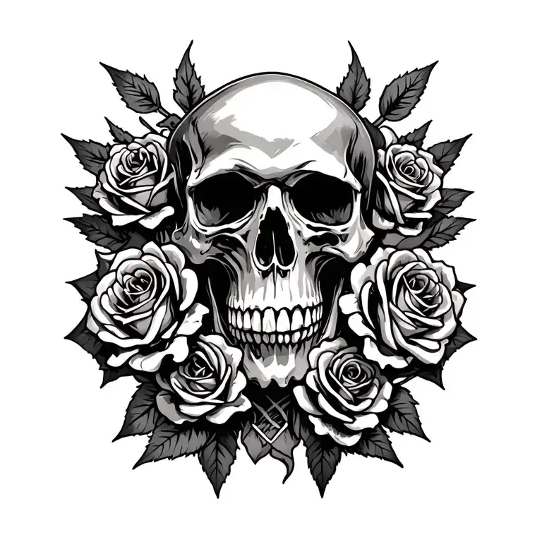"To Valhalla" skull and roses tattoo design idea